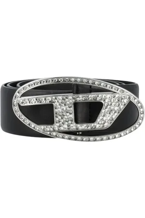 Diesel Accessoires, Dames, Zwart, 85 CM, Leer, Kristallen Gesp Leren Riem