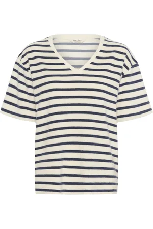 Part Two Tops, Dames, Blauw, XL, Gestreept T-shirt met V-hals