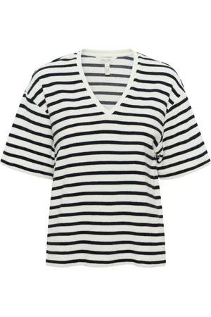 Part Two Tops, Dames, Zwart, S, Gestreept T-shirt met V-hals