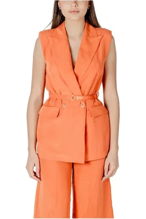 Liu Jo Jassen, Dames, Oranje, M, Linnen, Elegante double-breasted linnen vest met riem