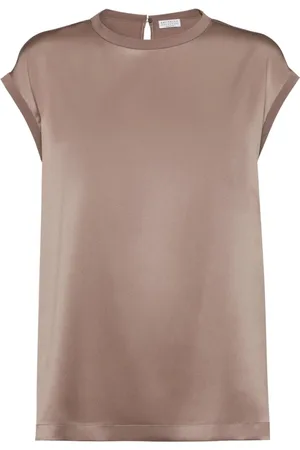 Brunello Cucinelli Blouses & Shirts, Dames, , XS, Taupe Crew Neck Shirt Korte Mouwen