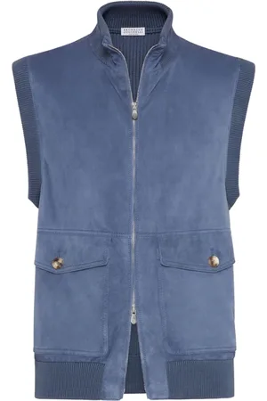 Brunello Cucinelli Jassen, Heren, Blauw, L, Blauw leren vest met hoge kraag