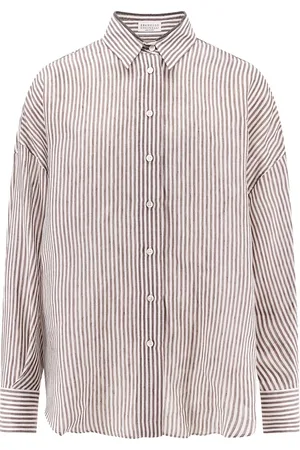 Brunello Cucinelli Blouses & Shirts, Dames, Veelkleurig, M, Linnen, Witte Overhemd met Lange Mouwen en Knopen