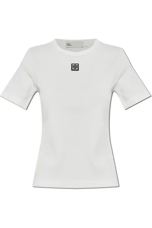 Tory Burch Tops, Dames, Wit, M, Katoen, Geribbelde top met logopatch