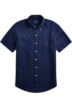 Ralph Lauren Overhemden, Heren, Blauw, M, Linnen, Linnen Custom Fit Shirt met Korte Mouwen