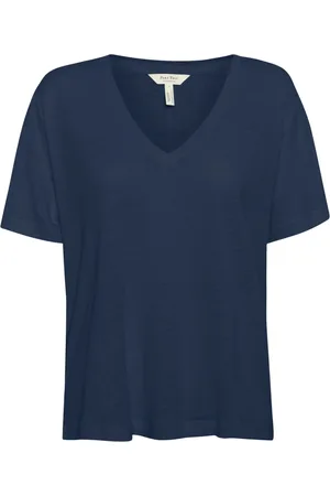 Part Two Tops, Dames, Blauw, S, Linnen, V-hals Tee Oceana Stijl