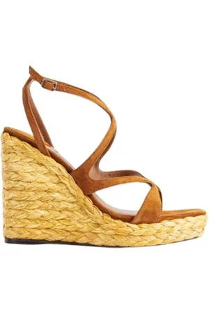 Jimmy Choo Schoenen, Dames, Bruin, 36 EU, Suède, Bruine Suède en Raffia Sleehak Sandalen