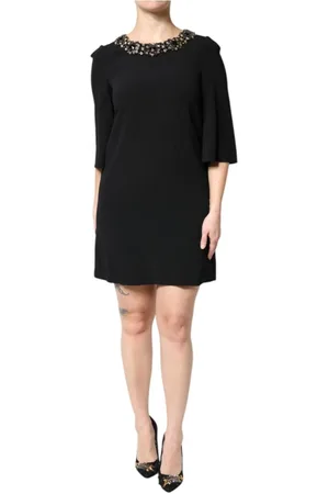 Dolce & Gabbana Kleedjes, Dames, Zwart, XS, Katoen, Kristalversierde A-Lijn Mini Jurk