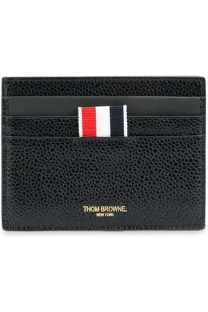 Thom Browne Accessoires, Heren, Zwart, ONE Size, Leer, Zwarte leren kaarthouder met gestreepte rand
