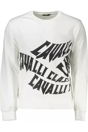 Roberto Cavalli Sweatshirts & Hoodies, Heren, Wit, XL, Katoen, Elegant wit geborsteld logotrui