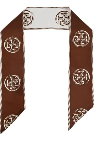 Tory Burch Accessoires, Dames, Bruin, ONE Size, Zijden sjaal met logo
