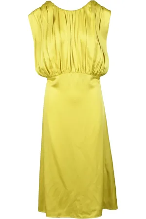 Jil Sander Kleedjes, Dames, Geel, M, Satijn, Satijnen Lange Jurk met Ritssluiting