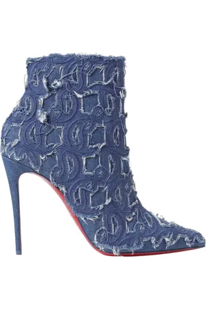 Christian Louboutin Schoenen, Dames, Blauw, 37 1/2 EU, Denim, Blauwe Denim Logo Hoge Hak Laarzen
