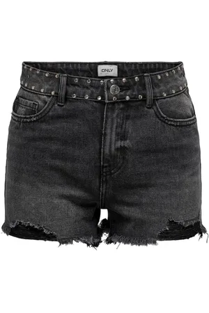 ONLY Korte broeken, Dames, Zwart, XL, Denim, Zwarte Denim Studs Shorts met Gescheurde Zoom