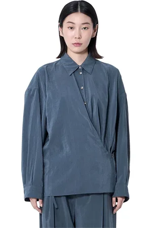 LEMAIRE Blouses & Shirts, Dames, Grijs, M, Nylon, Gedraaide Kraag Shirt