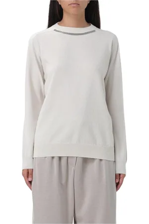 Brunello Cucinelli Truien, Dames, Wit, L, Kasjmier, Zwarte Cashmere Crew Neck Sweater