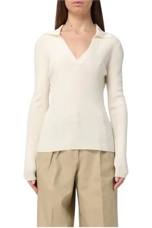 Allude Truien, Dames, Wit, L, Witte Geribbelde V-hals Gebreide Trui