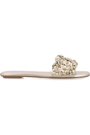 Stuart Weitzman Schoenen, Dames, , 41 EU, Leer, Gouden Gesloten Platte Slide met Bloemversiering