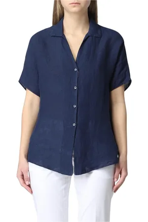 FAY Blouses & Shirts, Dames, Blauw, M, Linnen, Blauwe Linnen Kraag Korte Mouw Shirt