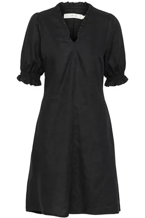 INWEAR Kleedjes, Dames, Zwart, XL, Linnen, Zwarte A-lijn Jurk met V-hals