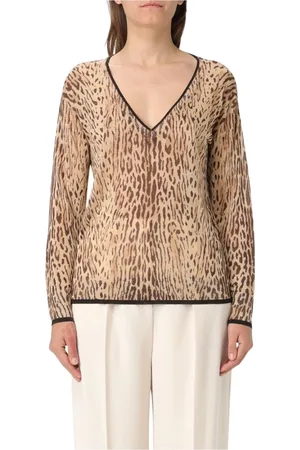 Liu Jo Truien, Dames, Bruin, XS, Bruine V-Hals Gebreide Trui
