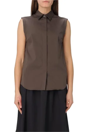 Brunello Cucinelli Blouses & Shirts, Dames, Bruin, M, Katoen, Bruine Poplin Mouwloze Shirt