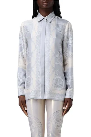 VERSACE Blouses & Shirts, Dames, Grijs, M, Elegante Barok Zijden Shirt