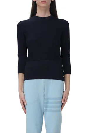 Thom Browne Truien, Dames, Blauw, M, Wol, Geribbelde Gebreide Pullover Sweater