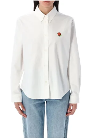 Kenzo Blouses & Shirts, Dames, Wit, XS, Katoen, Witte Geborduurde Bloemenkatoenen Shirt