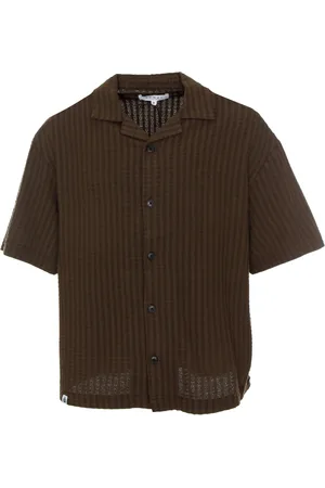 Edwin Overhemden, Heren, Bruin, 2Xl, Gestructureerd overhemd met korte mouwen Saga