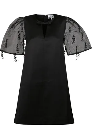 Ganni Kleedjes, Dames, Zwart, M, Organza, Zwarte franje minijurk met organza mouwen