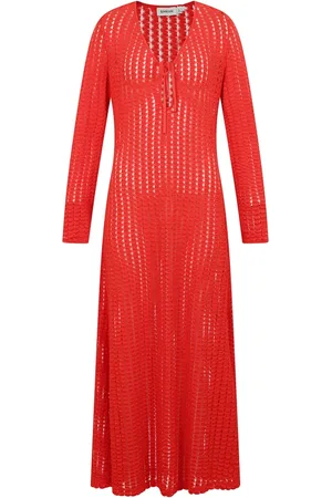 Simkhai Kleedjes, Dames, Rood, L, Keyhole Midi Jurk met Lange Mouwen