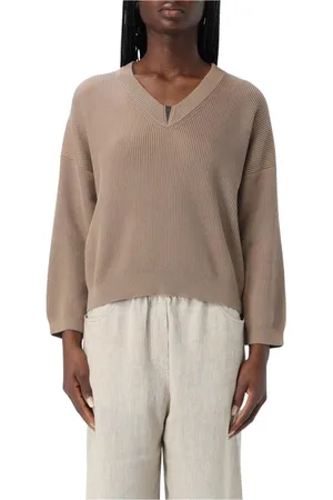 Brunello Cucinelli Truien, Dames, Bruin, XS, Kasjmier, Witte Cashmere V-Hals Trui