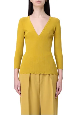 Elisabetta Franchi Truien, Dames, Geel, L, Zwarte Geribbelde Gebreide V-hals Trui