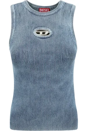 Diesel Tops, Dames, Blauw, S, Katoen, Geribbelde tanktop met metalen Oval D-logo