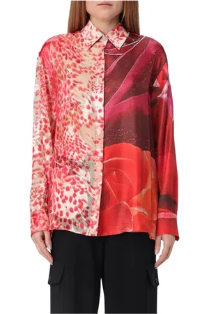Roberto Cavalli Blouses & Shirts, Dames, Rood, M, Rode Zijden Rozenprint Blouse