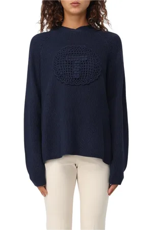 Twin-Set Sweatshirts & Hoodies, Dames, Blauw, L, Wol, Blauwe Gehaakte Detail Trui
