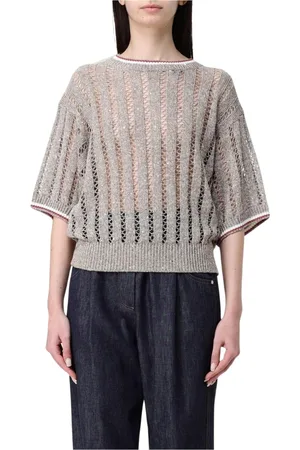Brunello Cucinelli Truien, Dames, Bruin, XS, Beige Open Gebreide Trui