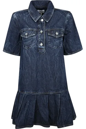 Ganni Kleedjes, Dames, Blauw, S, Denim, Denim Crinkle Gewassen Jurk met Kraag