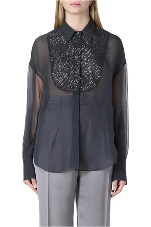 Brunello Cucinelli Blouses & Shirts, Dames, Zwart, M, Chiffon, Zijden chiffon paillettenblouse