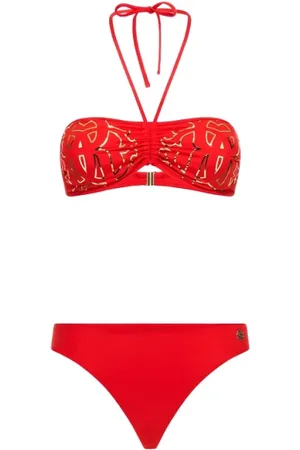 Roberto Cavalli Badkleding, Dames, Rood, M, Leer, Monogram Bikini Halterneck Clasp Fastening
