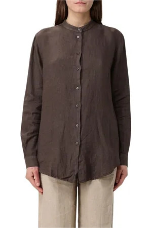 FAY Blouses & Shirts, Dames, Bruin, S, Linnen, Bruine Mandarin Kraag Linnen Shirt