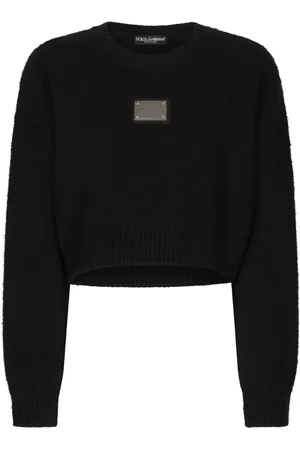 Dolce & Gabbana Truien, Dames, Zwart, S, Wol, Zwarte Ronde Hals Trui met Logo Plaque