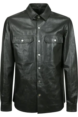 Rick Owens Jassen, Heren, Zwart, L, Stijlvol Leren Jas met Drukknoopsluiting