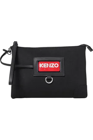 Kenzo Tassen, Dames, Zwart, ONE Size, Leer, Zwarte Logo Patch Canvas Clutch Tas