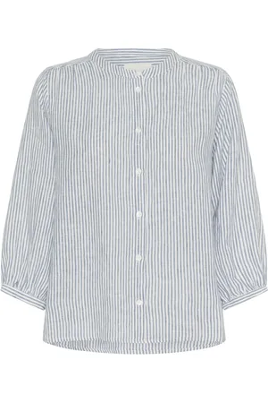 Part Two Blouses & Shirts, Dames, Blauw, 3Xl, Linnen, Gestreepte linnen blouse met opstaande kraag