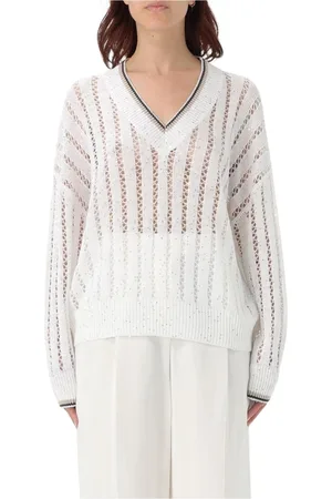 Brunello Cucinelli Truien, Dames, Wit, M, Luxe Cashmere Sweater met Geribbelde Details