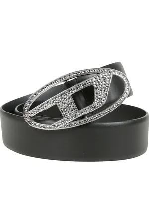 Diesel Accessoires, Dames, Zwart, 95 CM, Leer, Italiaans Leren Kristallen Gesp Riem
