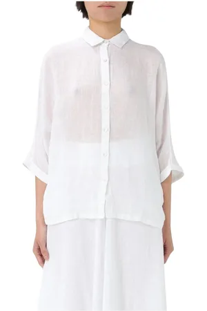 120% Lino Blouses & Shirts, Dames, Wit, M, Linnen, Witte Linnen Overhemd met Kraag