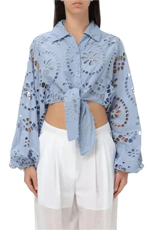 MC2 SAINT BARTH Blouses & Shirts, Dames, Blauw, L, Katoen, Geborduurde Tie Front Blouse